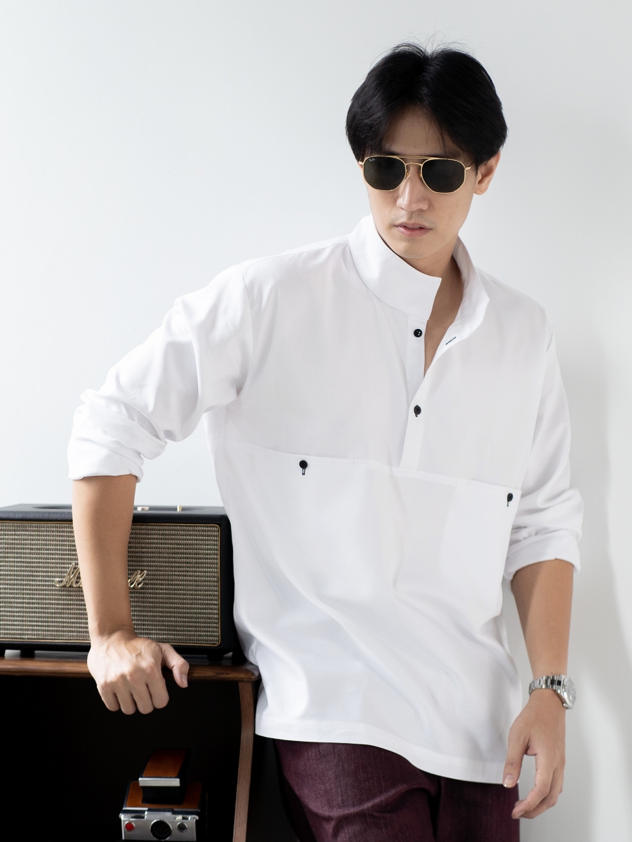 Candith｜Natural Cotton Black Buttons Minimal White Men Shirt