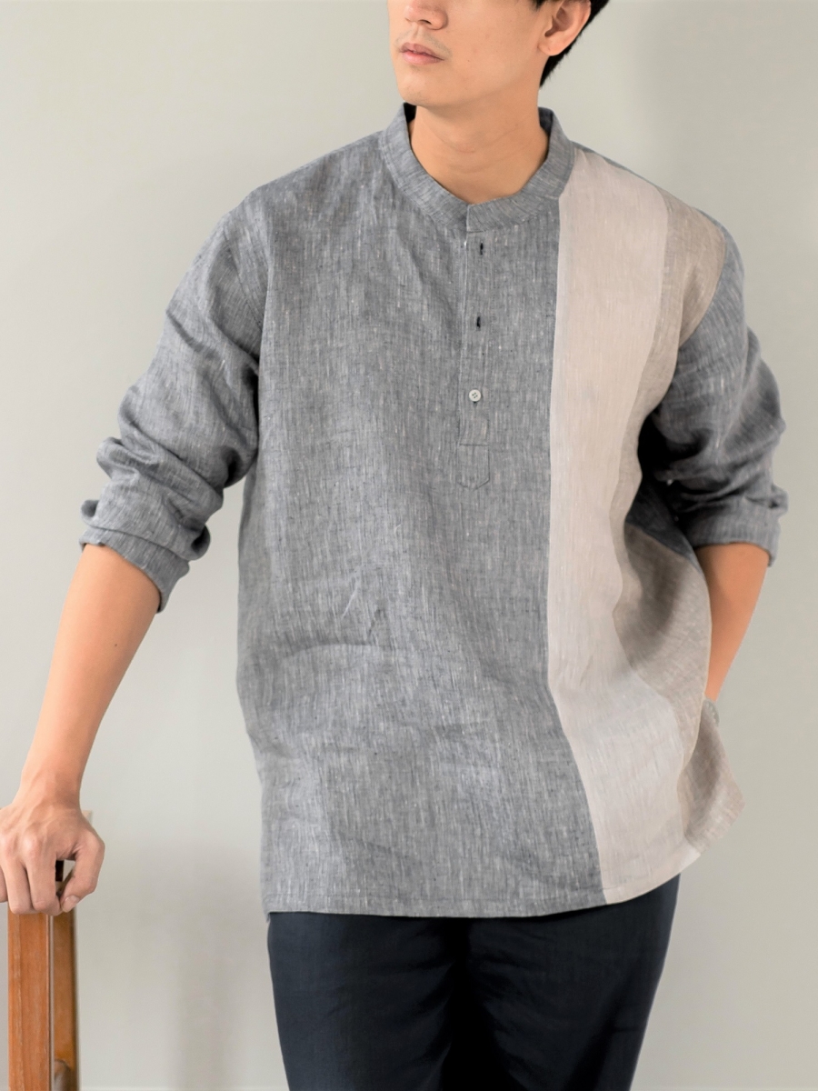 Candith｜Natural Linen Mandarin Collar Grey/Beige Patchwork Shirt 