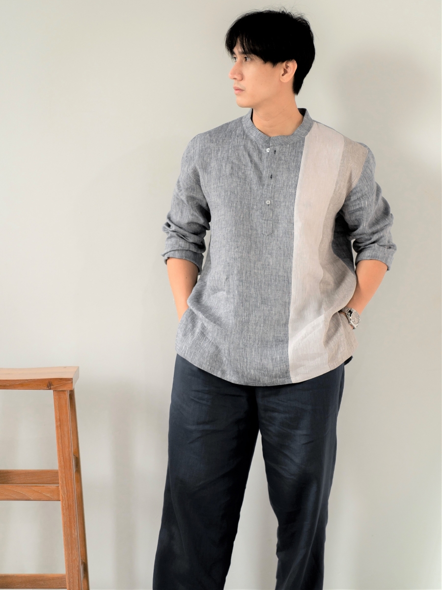 Candith｜Natural Linen Mandarin Collar Grey/Beige Patchwork Shirt 