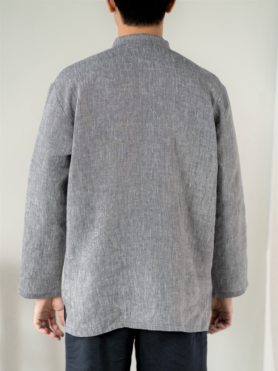 Candith｜Natural Linen Mandarin Collar Grey/Beige Patchwork Shirt 