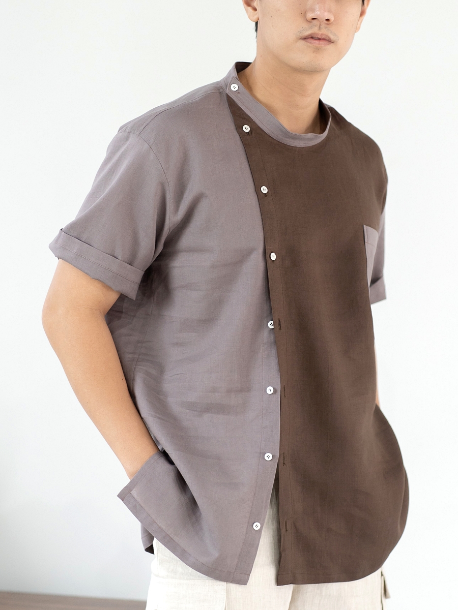 Candith｜ Natural Linen Mandarin Collar Pale Brown/Brown Color Block Shirt 