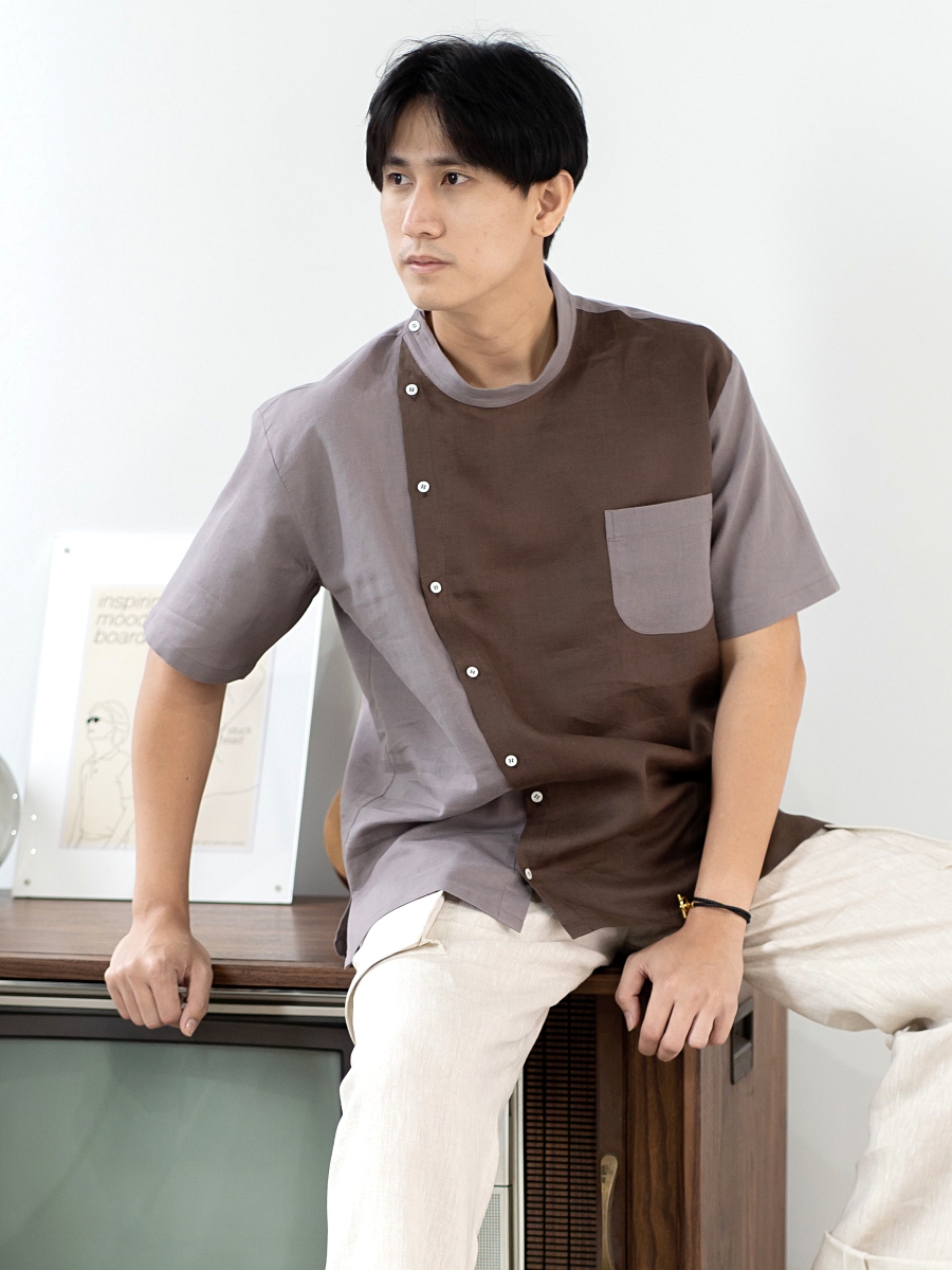 Candith｜ Natural Linen Mandarin Collar Pale Brown/Brown Color Block Shirt 