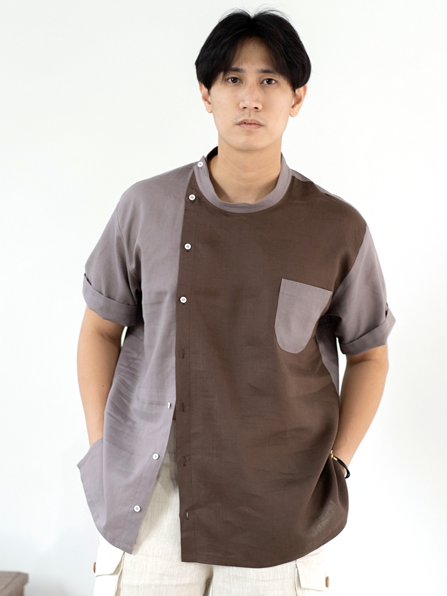 Candith｜ Natural Linen Mandarin Collar Pale Brown/Brown Color Block Shirt 