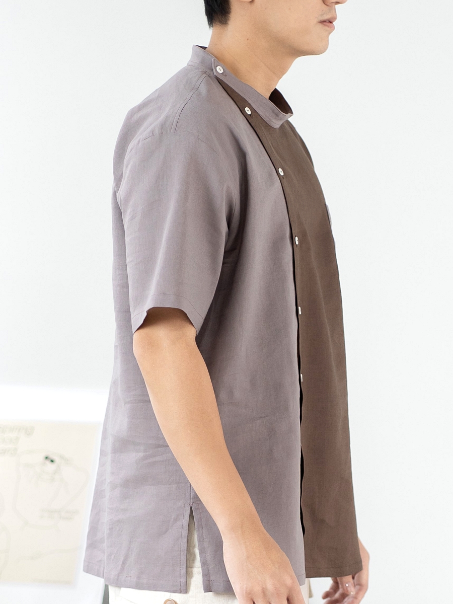 Candith｜ Natural Linen Mandarin Collar Pale Brown/Brown Color Block Shirt 