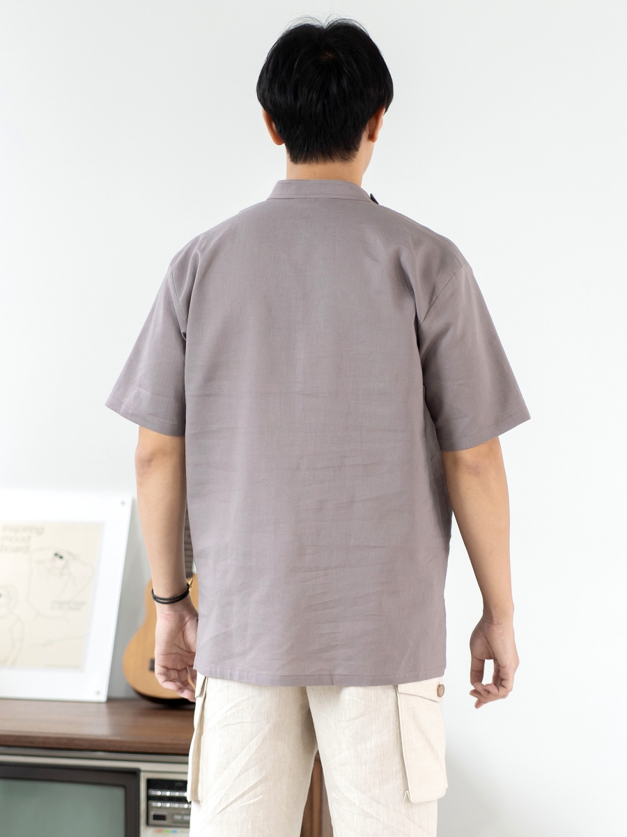 Candith｜ Natural Linen Mandarin Collar Pale Brown/Brown Color Block Shirt 