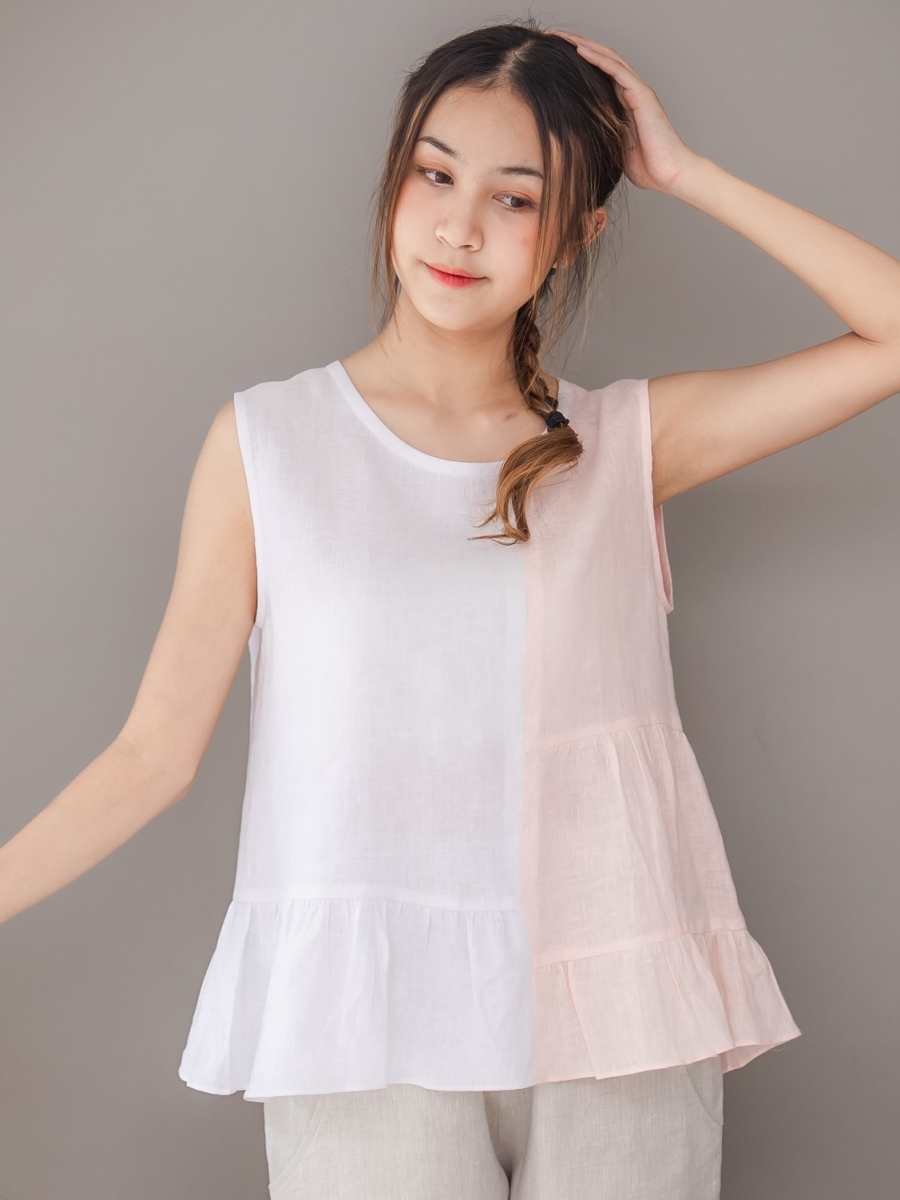 Candith｜Natural Linen Sleeveless White and Soft Pink Cute Top