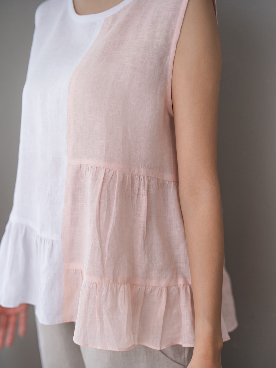 Candith｜Natural Linen Sleeveless White and Soft Pink Cute Top