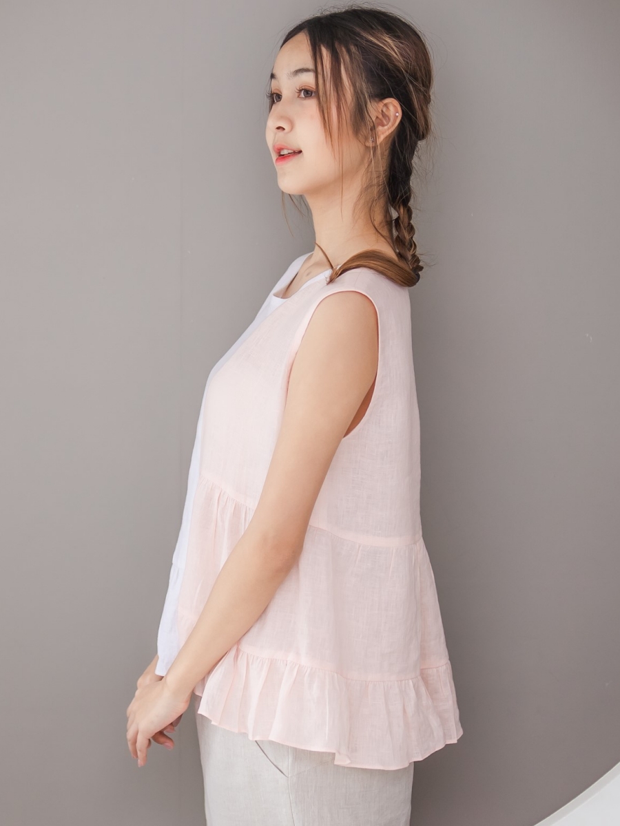 Candith｜Natural Linen Sleeveless White and Soft Pink Cute Top