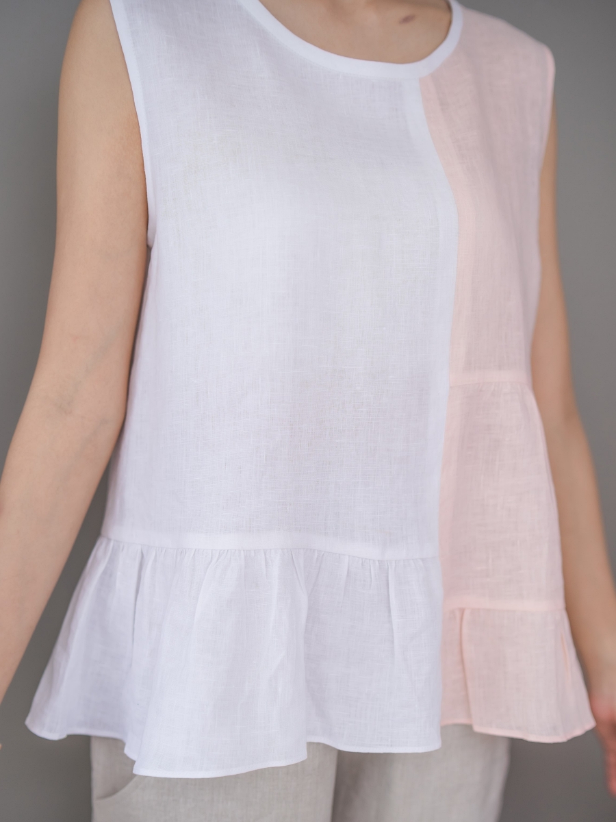 Candith｜Natural Linen Sleeveless White and Soft Pink Cute Top