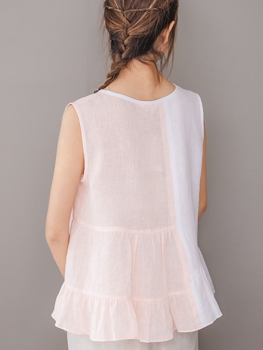 Candith｜Natural Linen Sleeveless White and Soft Pink Cute Top