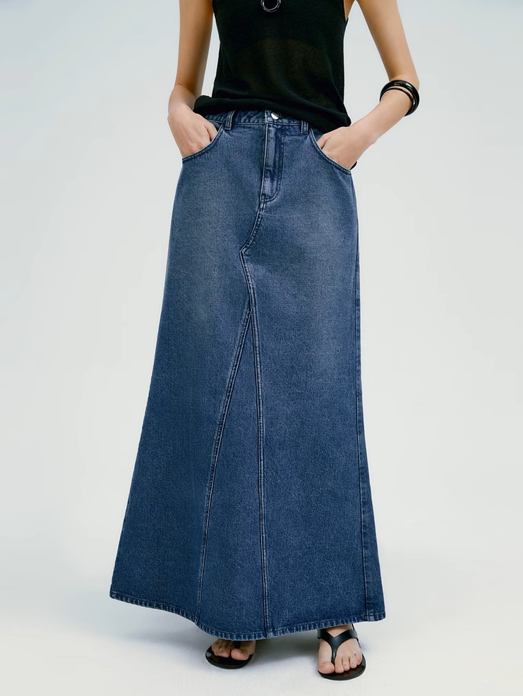 INSIS｜Retro Faded Back Split Eco Denim Fishtail Skirt