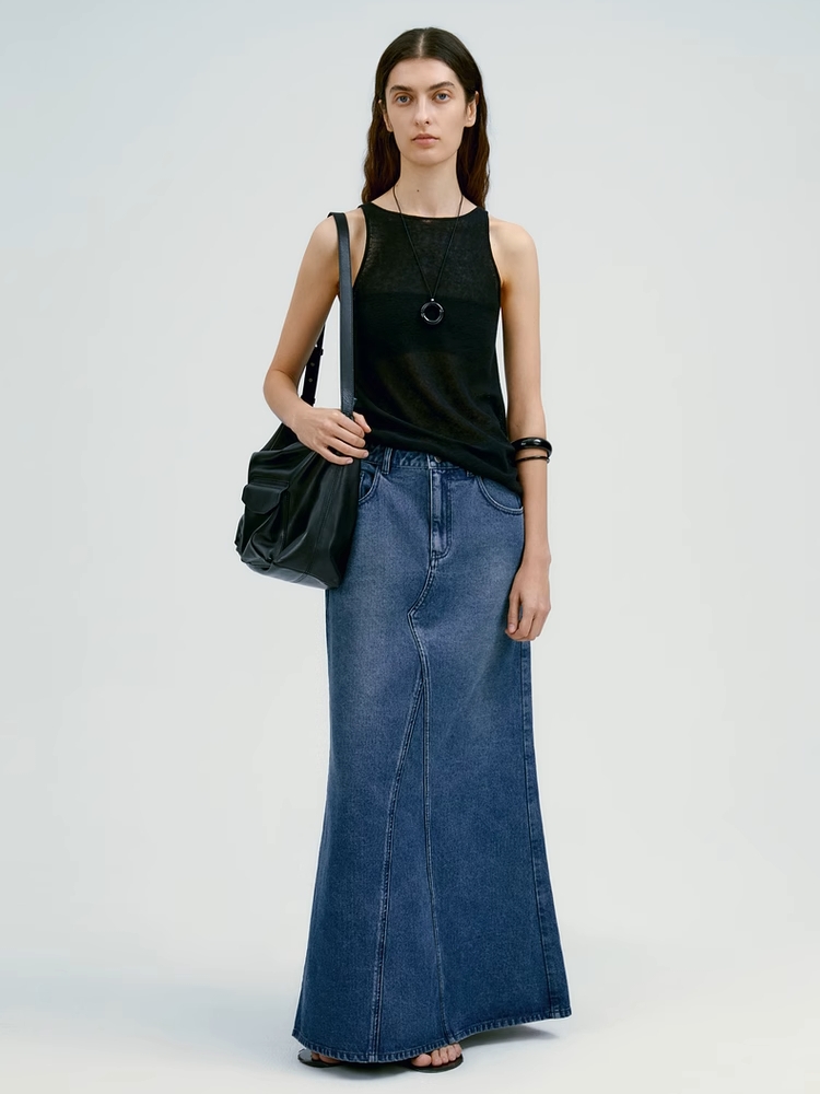 INSIS｜Retro Faded Back Split Eco Denim Fishtail Skirt