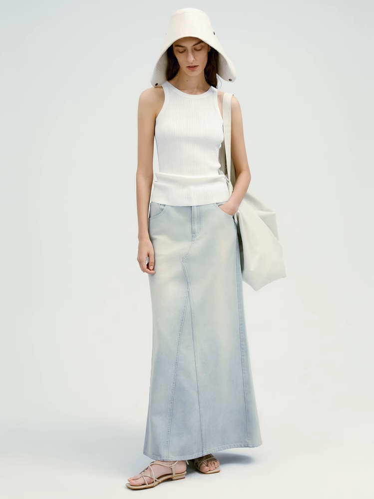 INSIS｜Retro Faded Back Split Eco Denim Fishtail Skirt