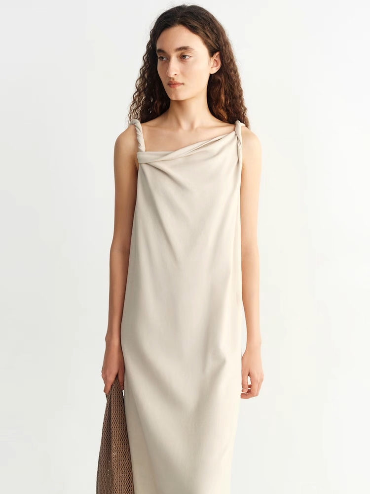 INSIS｜ Cotton Drape Collar Design Twisted Shoulder Knitted Dress