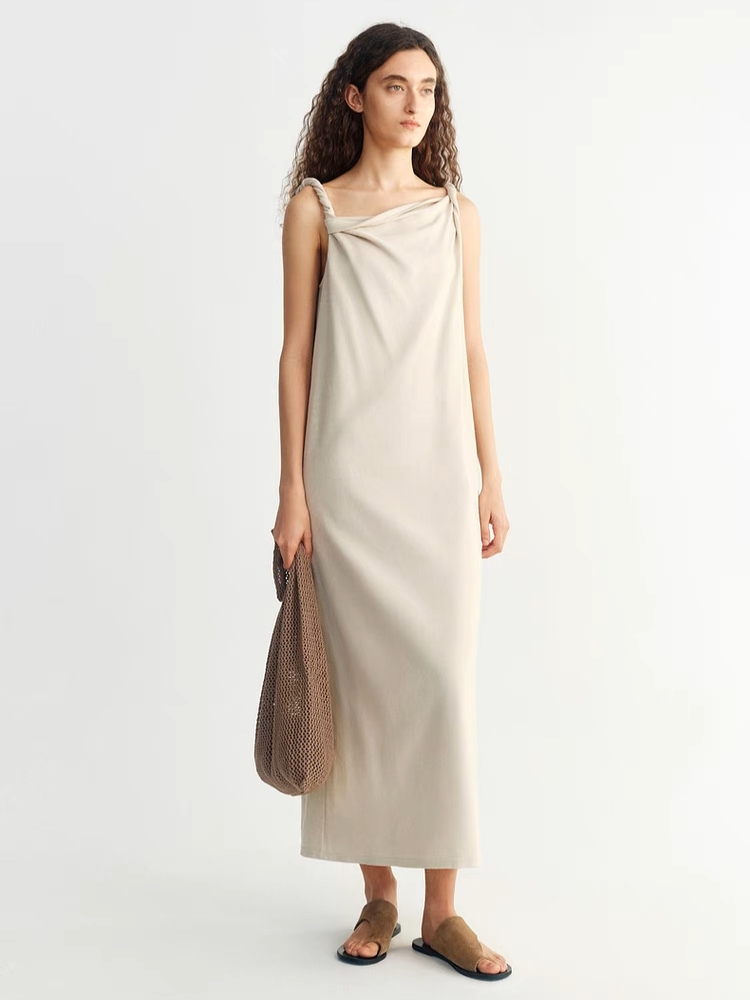 INSIS｜ Cotton Drape Collar Design Twisted Shoulder Knitted Dress