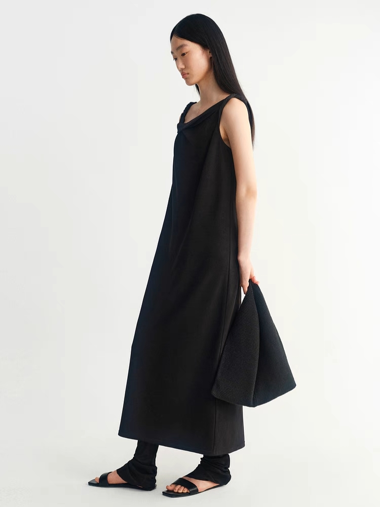 INSIS｜ Cotton Drape Collar Design Twisted Shoulder Knitted Dress