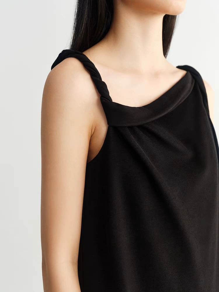 INSIS｜ Cotton Drape Collar Design Twisted Shoulder Knitted Dress