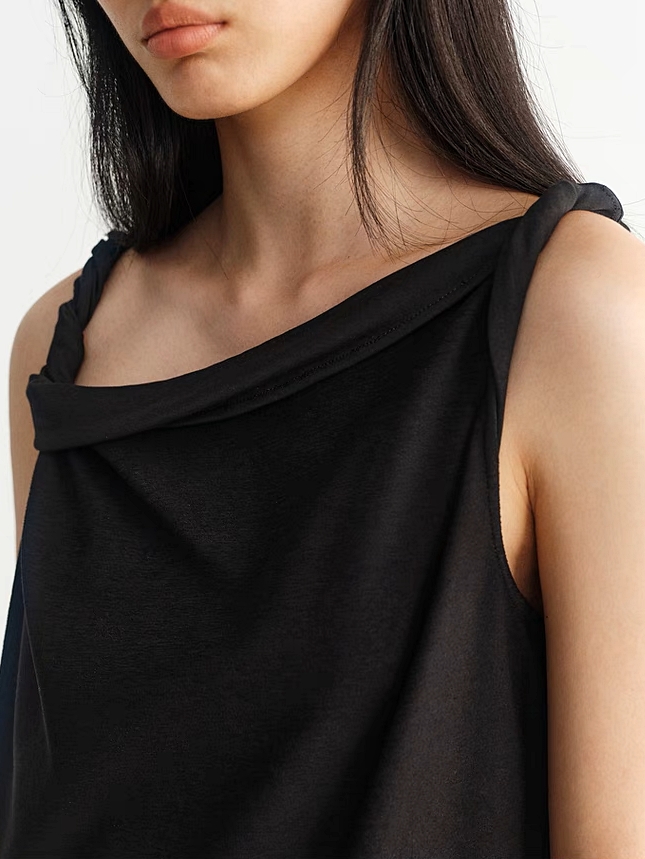 INSIS｜ Cotton Drape Collar Design Twisted Shoulder Knitted Dress