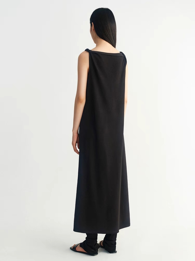 INSIS｜ Cotton Drape Collar Design Twisted Shoulder Knitted Dress