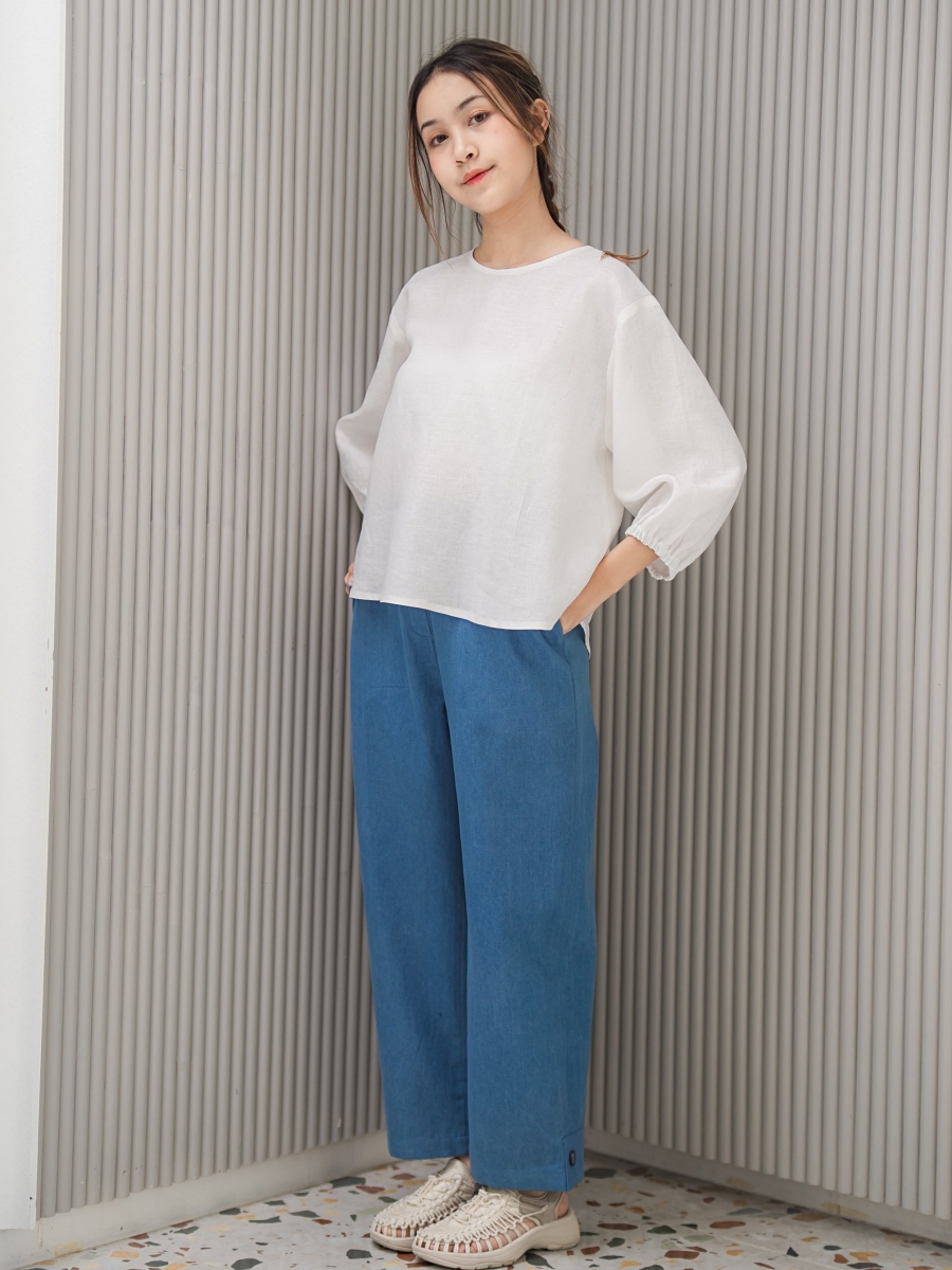 Candith｜Natural Linen Minimal Quarter Sleeves Blouse