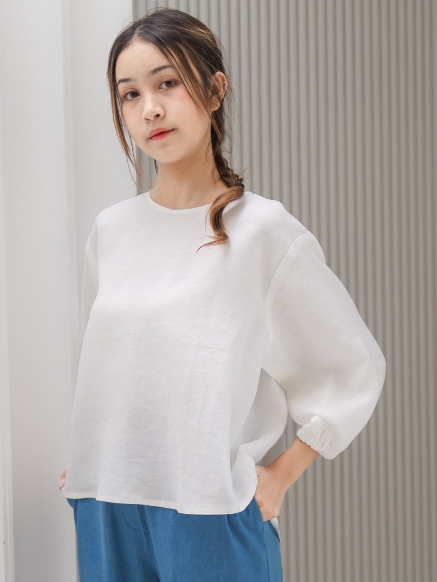 Candith｜Natural Linen Minimal Quarter Sleeves Blouse