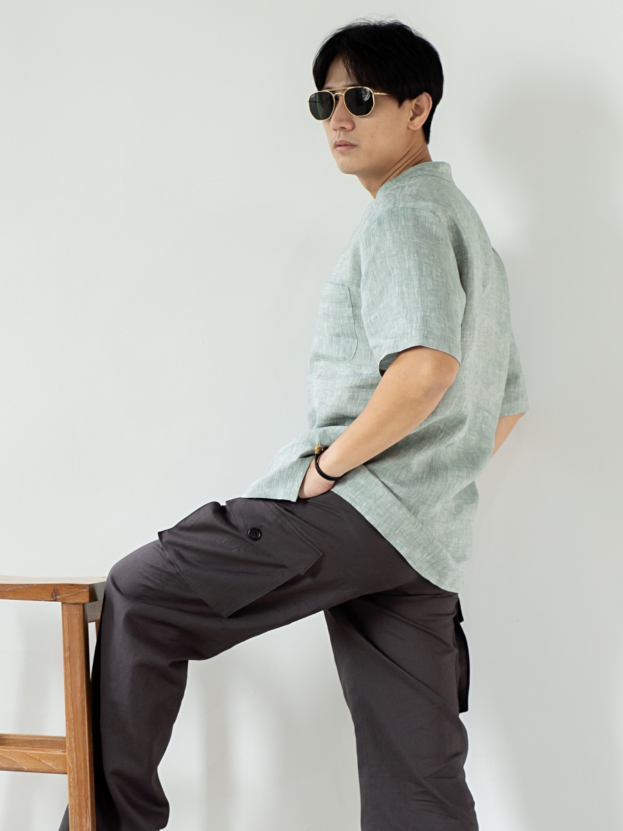 Candith｜ Natural Linen V Neck Front Pocket Green Shirt