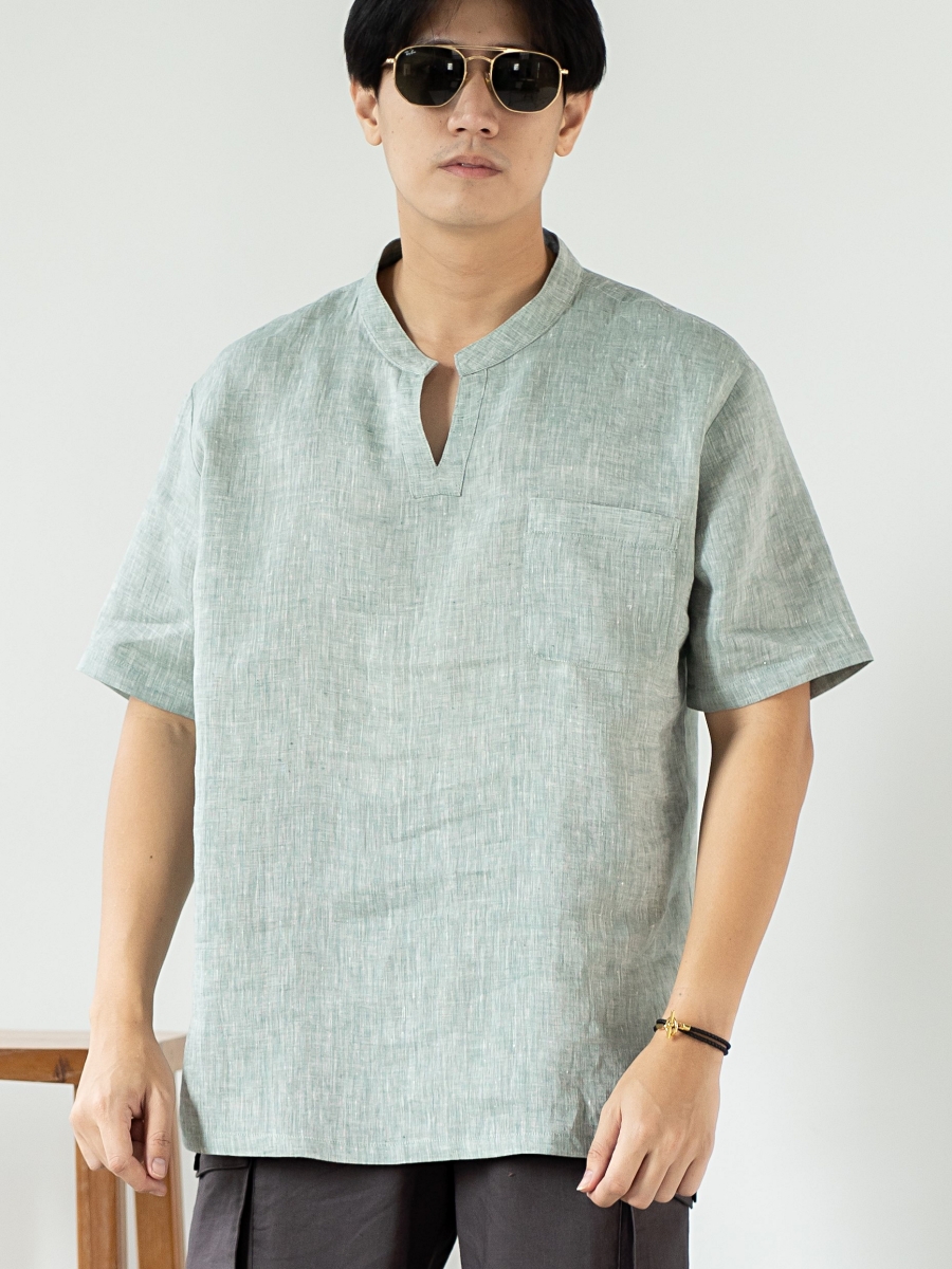 Candith｜ Natural Linen V Neck Front Pocket Green Shirt