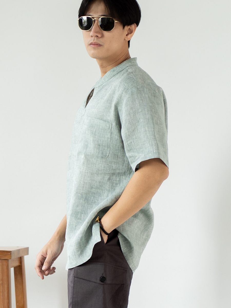 Candith｜ Natural Linen V Neck Front Pocket Green Shirt