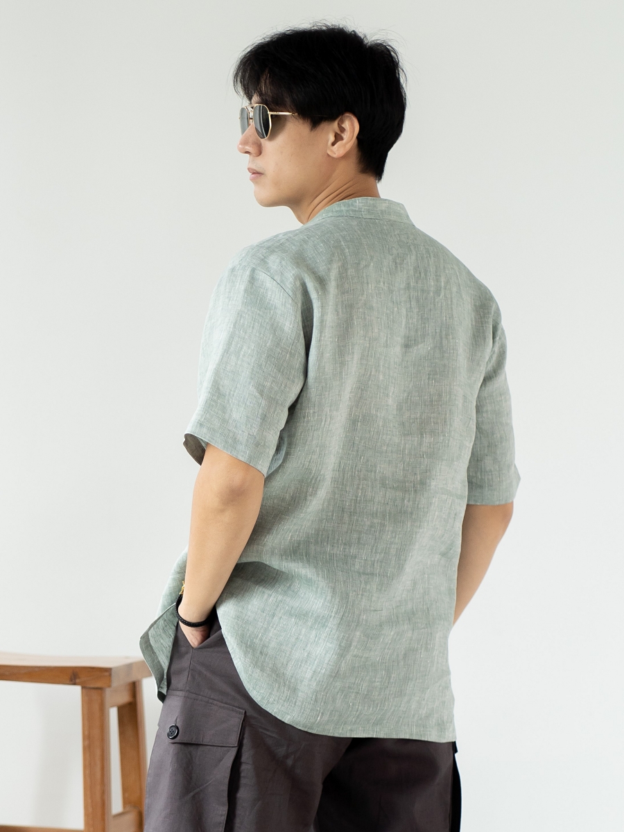 Candith｜ Natural Linen V Neck Front Pocket Green Shirt