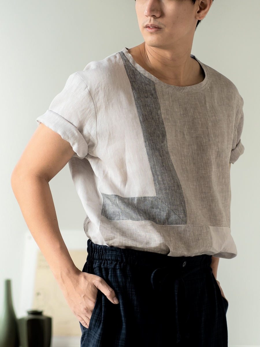 Candith｜Natural Linen Crew Neck Three Colors Block Shirt