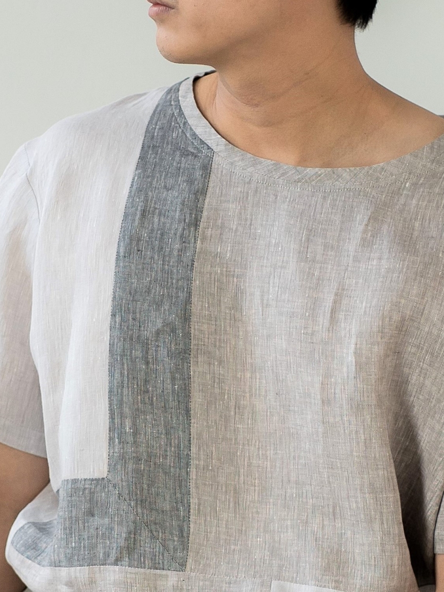 Candith｜Natural Linen Crew Neck Three Colors Block Shirt