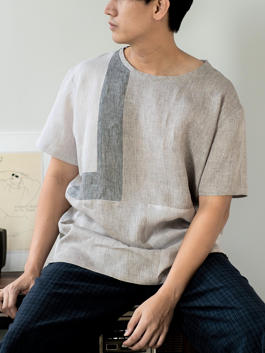 Candith｜Natural Linen Crew Neck Three Colors Block Shirt