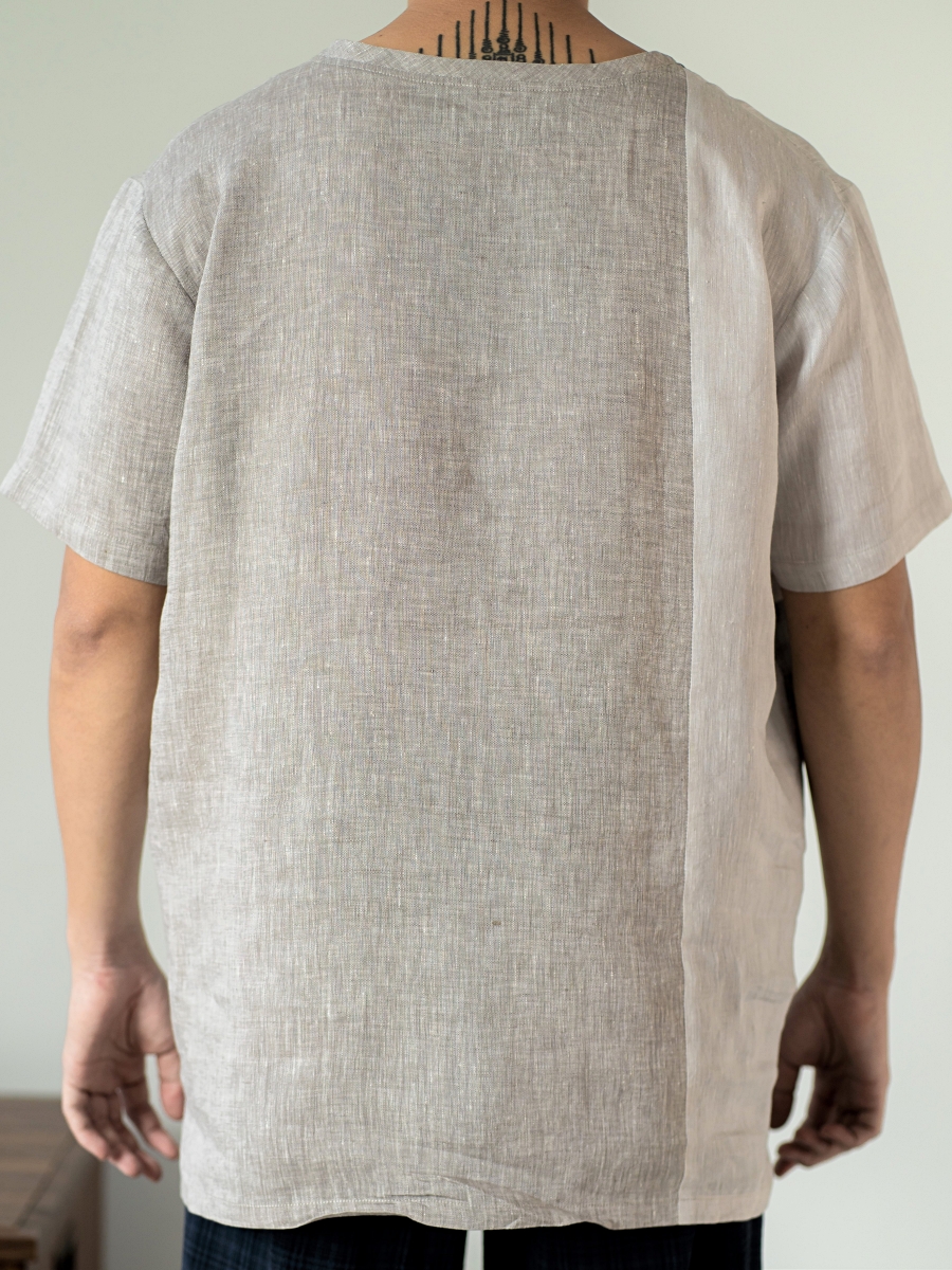 Candith｜Natural Linen Crew Neck Three Colors Block Shirt