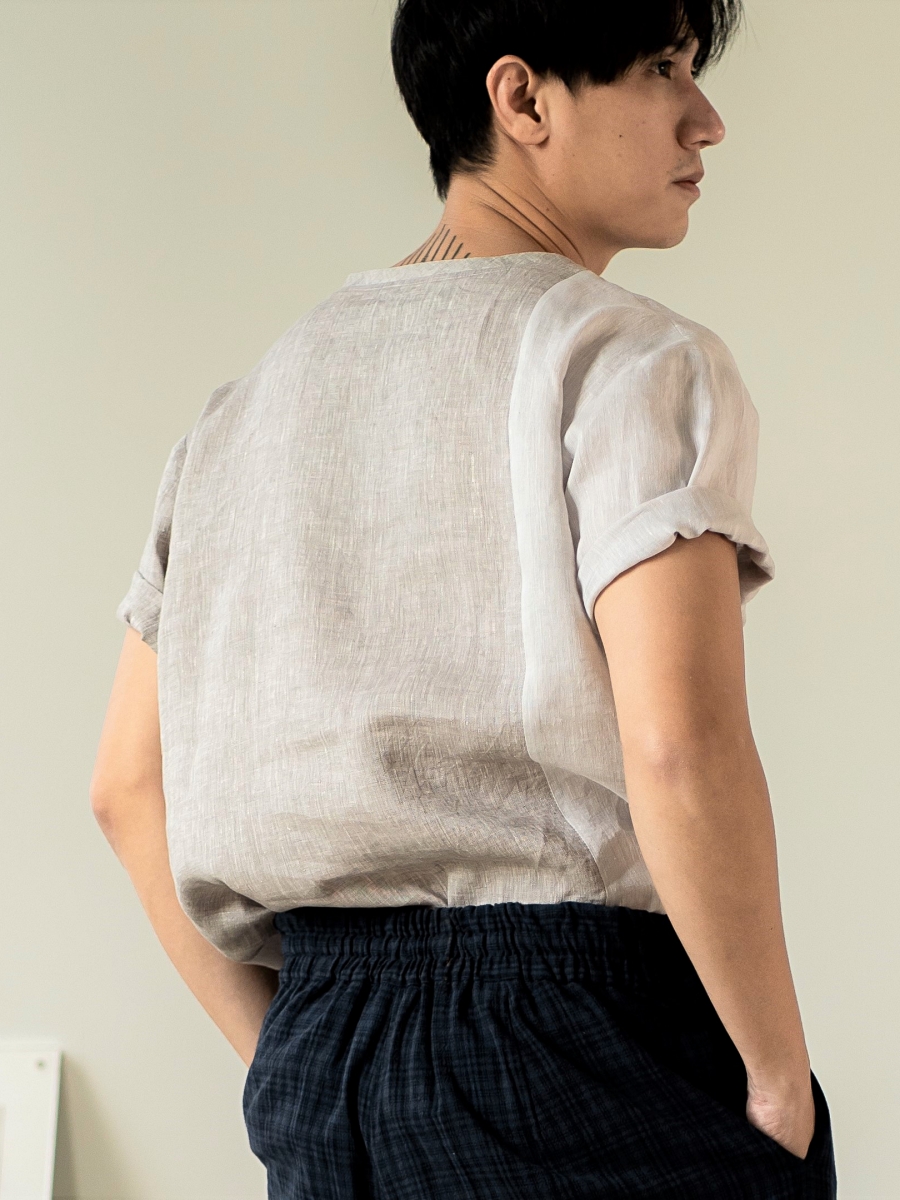 Candith｜Natural Linen Crew Neck Three Colors Block Shirt