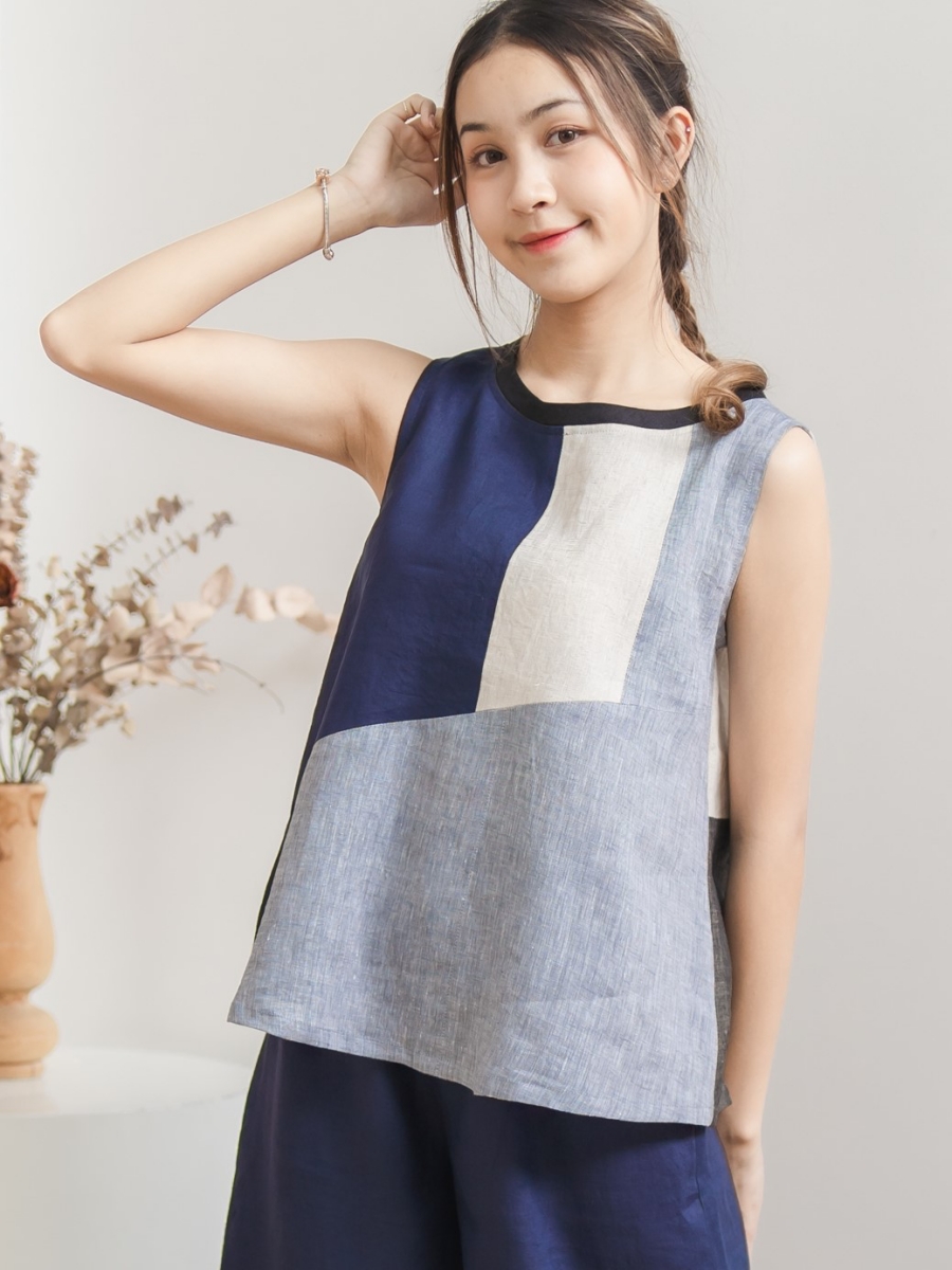 Candith｜Natural Linen Multicolor Blue/Grey Sleeveless Minimal Top 