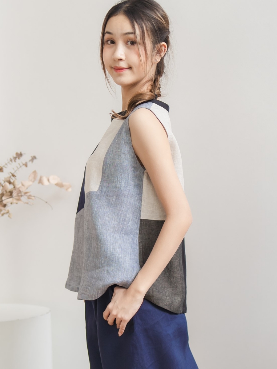 Candith｜Natural Linen Multicolor Blue/Grey Sleeveless Minimal Top 