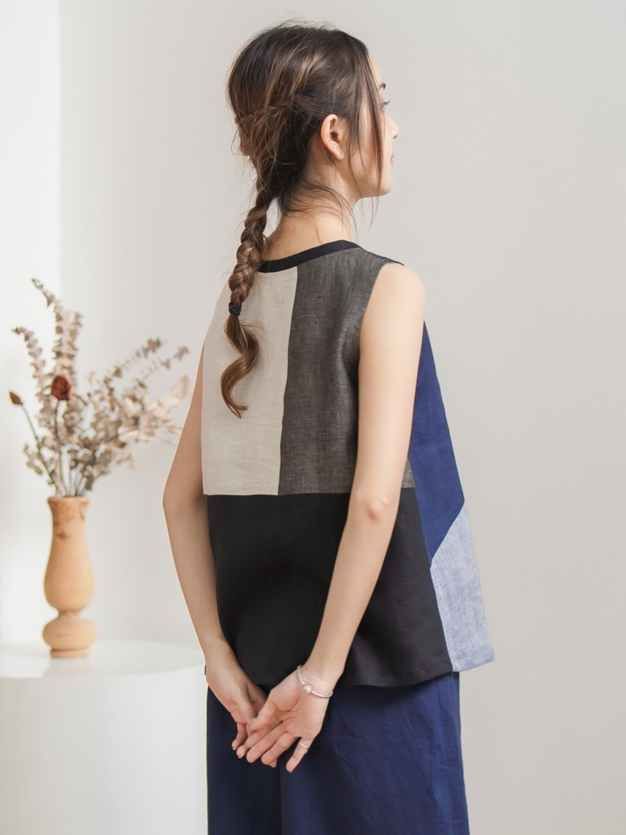 Candith｜Natural Linen Multicolor Blue/Grey Sleeveless Minimal Top 