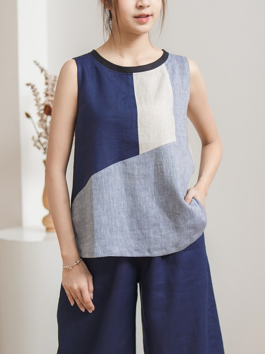 Candith｜Natural Linen Multicolor Blue/Grey Sleeveless Minimal Top 