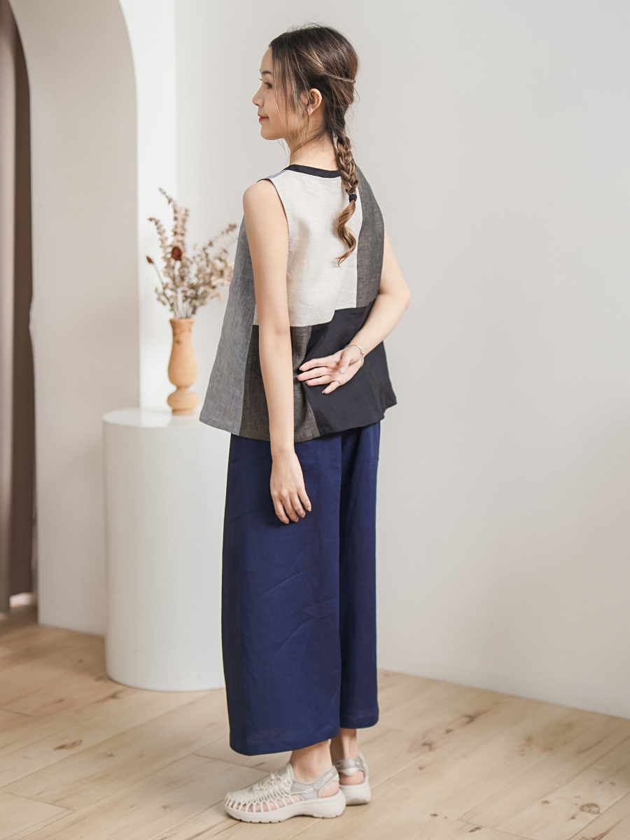 Candith｜Natural Linen Multicolor Blue/Grey Sleeveless Minimal Top 