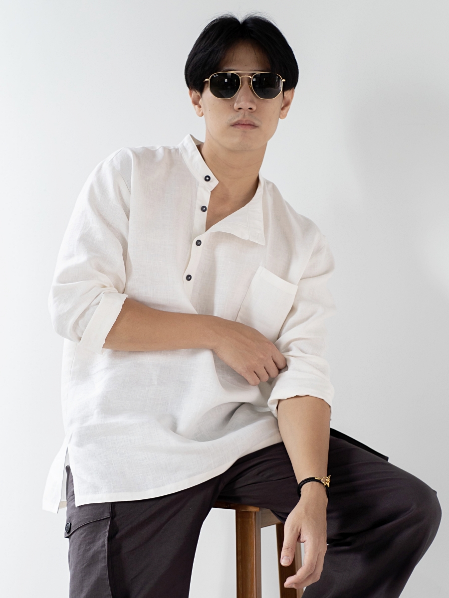 Candith｜Natural Linen Black Buttons Mandarin Right Align Collar Shirt