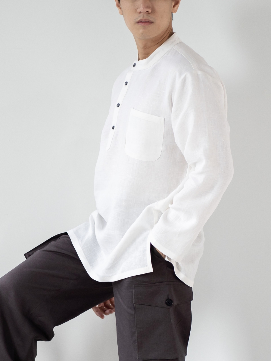 Candith｜Natural Linen Black Buttons Mandarin Right Align Collar Shirt