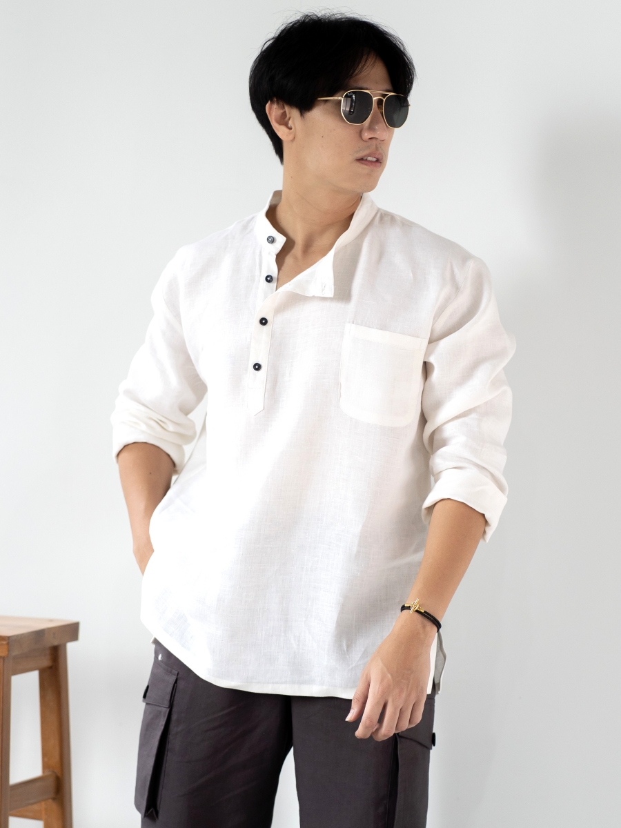 Candith｜Natural Linen Black Buttons Mandarin Right Align Collar Shirt