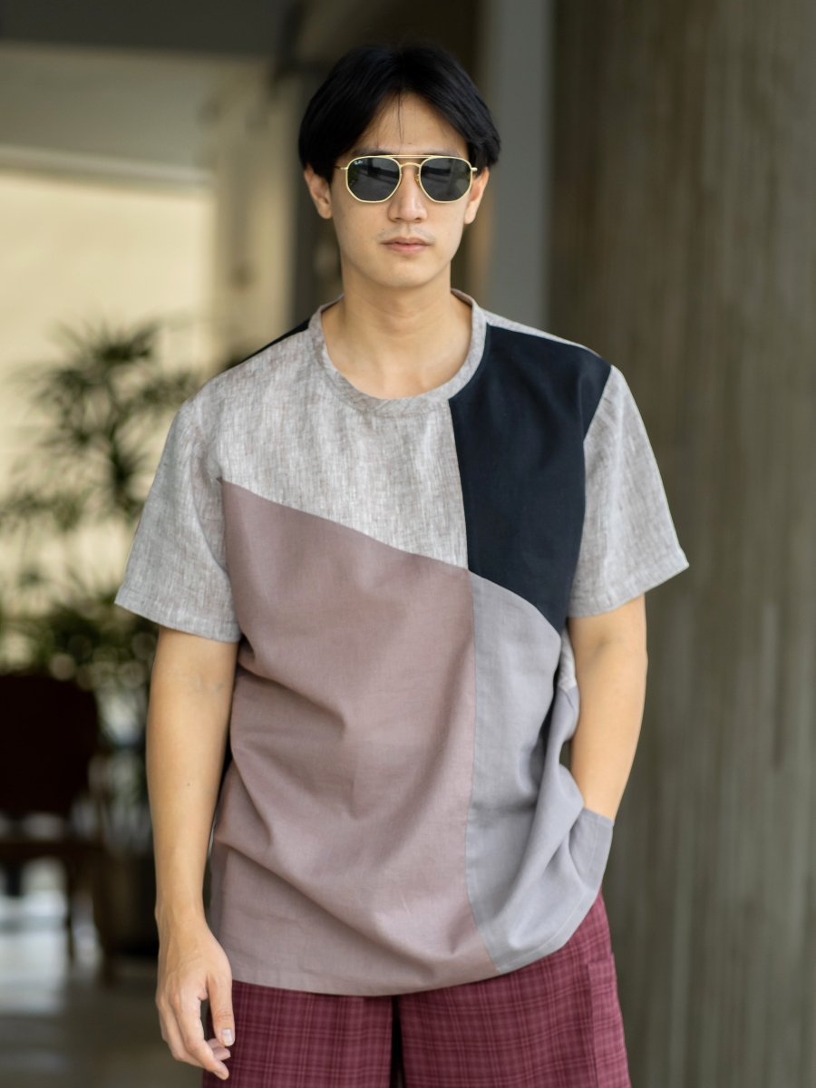 Candith｜ Natural Linen Crew Neck Multi Colors Grey/Black/Pale Brown Block Shirt 