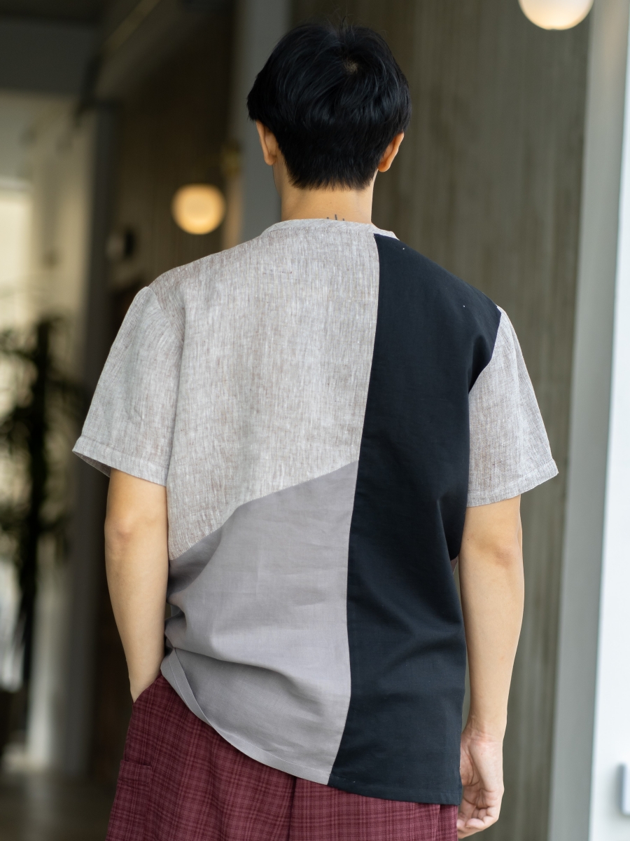 Candith｜ Natural Linen Crew Neck Multi Colors Grey/Black/Pale Brown Block Shirt 