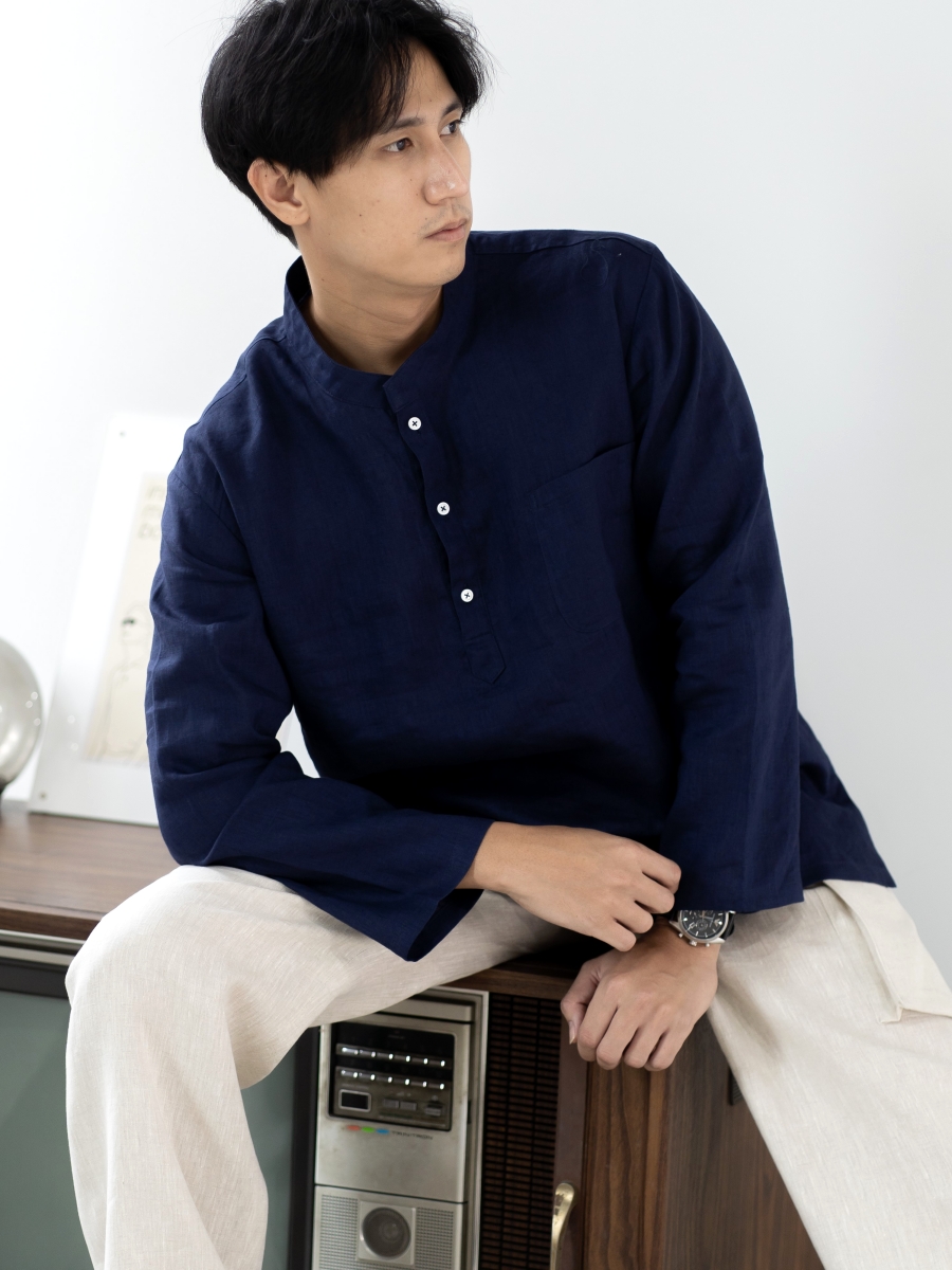 Candith｜Natural Linen White Buttons Mandarin Collar Navy Shirt