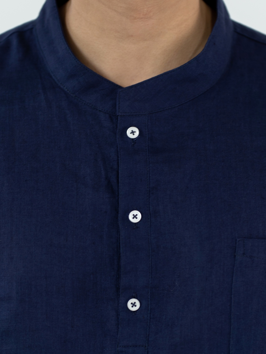 Candith｜Natural Linen White Buttons Mandarin Collar Navy Shirt