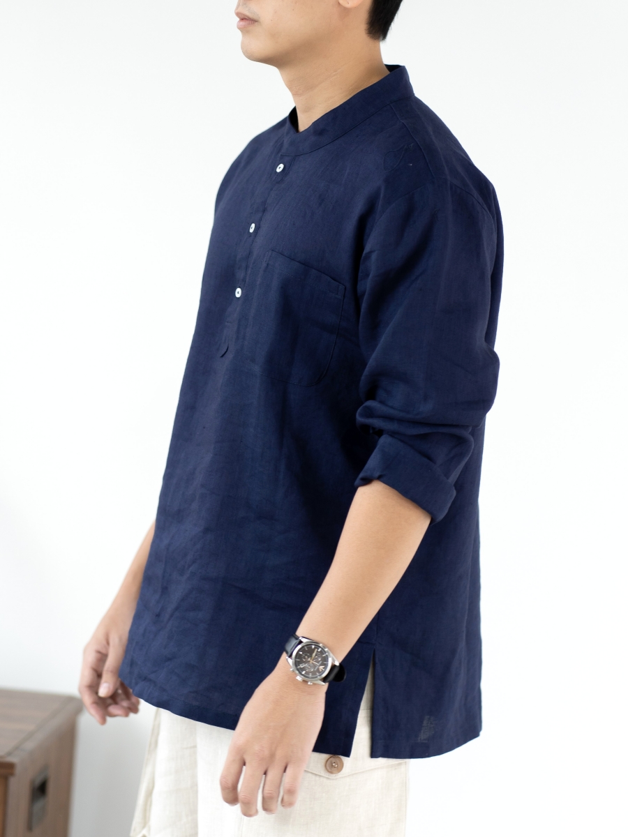 Candith｜Natural Linen White Buttons Mandarin Collar Navy Shirt