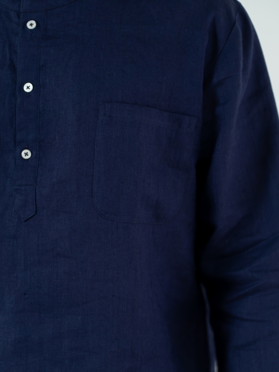 Candith｜Natural Linen White Buttons Mandarin Collar Navy Shirt