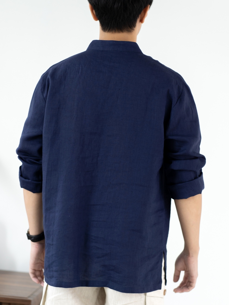 Candith｜Natural Linen White Buttons Mandarin Collar Navy Shirt