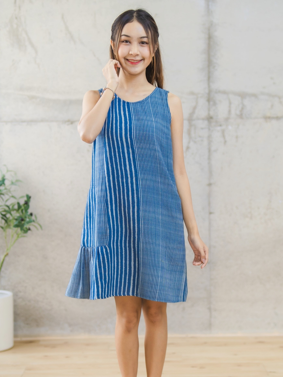 Candith｜Natural Cotton Side Pockets and Patchwork Indigo Dress